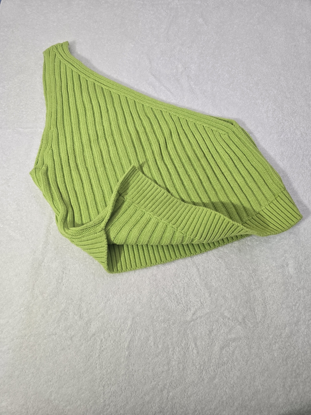 ZARA Lime Green One Shoulder Knit Top Size L Ribbed Asymmetrical Sweater Crop